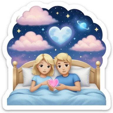 Sweet dreams a blonde man in a very  comfy bed with blue and Pastel clouds and an delicate  galaxy with a girl sending a heart elegant  sticker