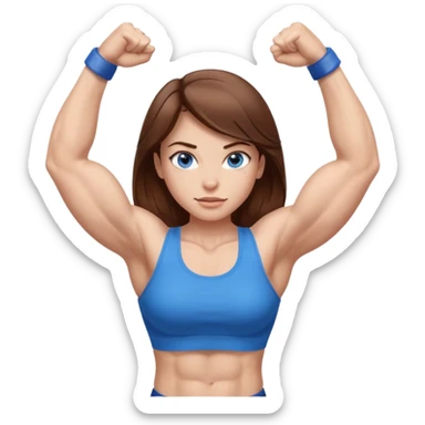 Girl with brown hair, blue eyes and really muscular arms, flexing her muscles sticker