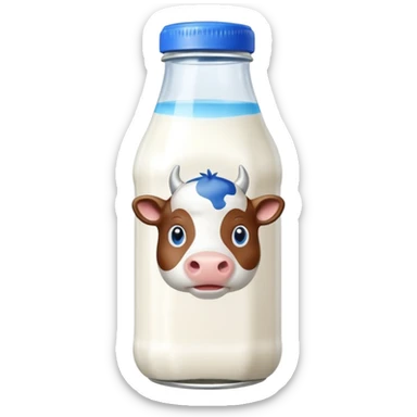 A 3D cartoon glass bottle of cow’s milk — white liquid, blue cap, clear reflections, Memoji-style rendering. sticker