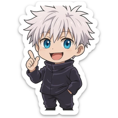 Satoru Gojo, chibi version, blue eyes, white hair, playful expression, anime style sticker