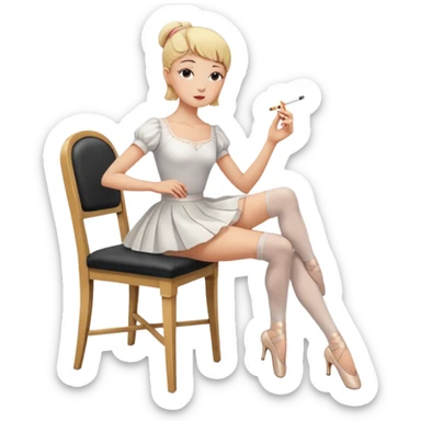 ballerina, has blonde, cropped hair ballerina, dressed in a white English blouse and midi-length skirt, experienced ballerina, has placed her long legs on a chair in front of her, is smoking sticker