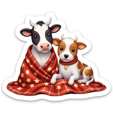 cow cuddling a dog under a blanket with twinkling stars above them in a field sticker