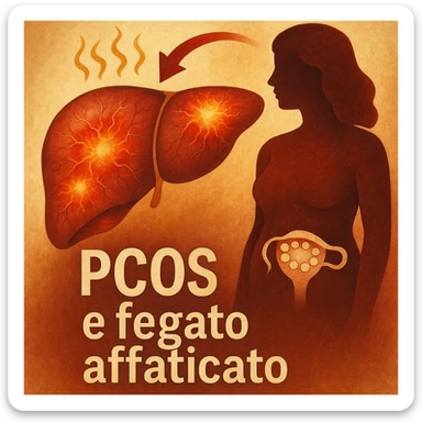 symbolic scene, close-up of stylized liver with inflamed areas and stress signs, next to silhouette of a woman with PCOS, Italian text: 'PCOS e fegato affaticato', warm colors, realistic details, 4K quality sticker