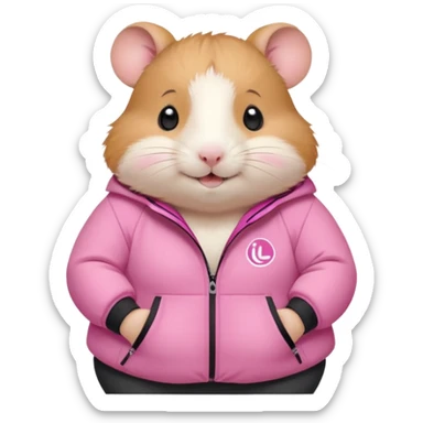 Cute chubby cartoon-style hamster wearing the lululemon pink define jacket, proud and smiling expression. Painterly shading, white background, sticker-style illustration sticker