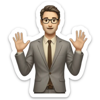 Full height Actively gesturing with hands Pale skinned fit man with dark brown hair in gray jacket, beige office shirt, brown tie, brown pants and vintage glasses. sticker