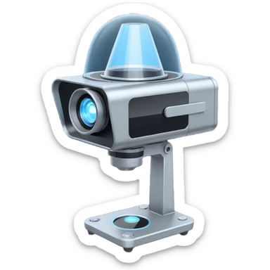 Flat emoji of a wrist-mounted hologram projector emitting a soft blue light cone, simple shapes, modern sci-fi style sticker