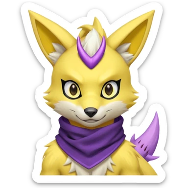 Furry Anthropomorphic Yellow Renamon-Zeraora-Toxtricity-Lombax-Pokémon-Digimon-Fakémon-fusion with purple lightning-bolt-markings, and facial markings, black bandanna scarf sticker