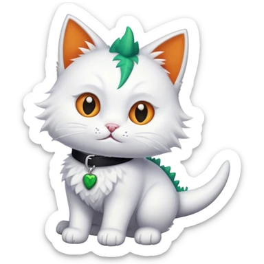 A white cat with a dinosaur tail and black collar  sticker