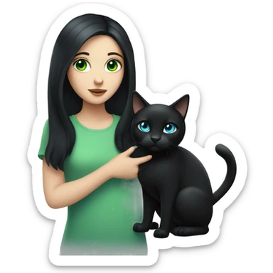 Girl with black hair and blue eyes holding a black cat with green eyes  sticker