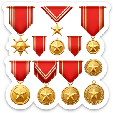 Icon for Collecting Orders, Medals & Badges: a variety of vintage orders, medals and badges, displayed neatly on a big red pennant or in a display case. The icon should reflect the honor and historical significance of these collectible items. Transparent background. sticker