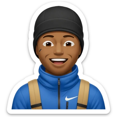 black guy with nike ski mask on squinching his face trying to hold his laugh with his eyes closed sticker