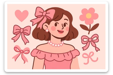 coquette style, pink and white color palette, girly, ribbons, pearls, vintage romantic vibe sticker