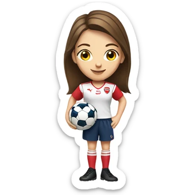 Pretty white woman with short brown hair holding a soccer ball and wearing an Arsenal jersey sticker