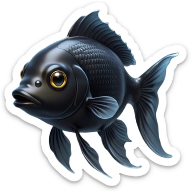 Cinematic Noble Black Goldfish Portrait Emoji, Poised and regal, with a sleek, streamlined build and a lustrous, deep black body, deep-set soulful golden eyes, Simplified yet sharp and sophisticated features, highly detailed, glowing with a soft, dignified glow, high shine, intelligent and graceful, stylized with an air of aquatic elegance, focused and attentive, soft glowing outline, capturing the essence of a watchful and confident aquatic companion, so majestic it feels as though it could glide out of the screen with effortless authority! sticker