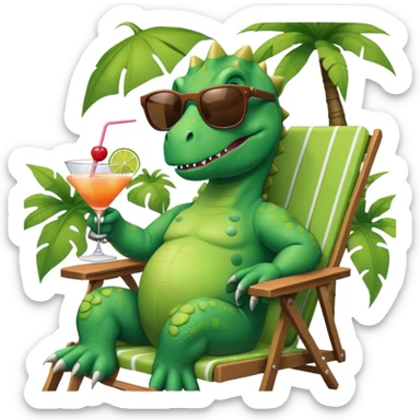 green dinosaur with sunglasses that he's raising inquisitively, in a lawn chair, with a cocktail sticker
