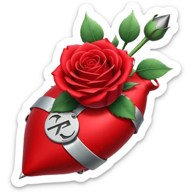 Deep red (#7A0F1E) no gradients, transparent background, high contrast, clean gothic aesthetic, designed to be readable at 128x129px a red rose wrapped around a bomb sticker