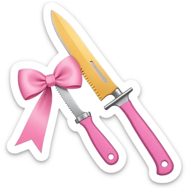 Only one object: a kitchen knife. A pink ribbon bow is tied directly on the knife handle. No other items. No decorations. Minimal emoji style sticker