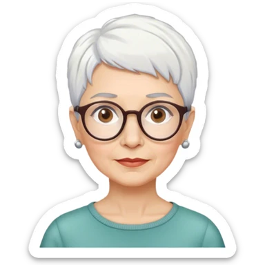 Older anthropologist woman, short cropped pixie white hair, brown brows, glasses  sticker
