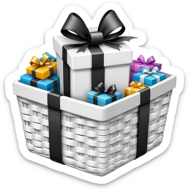 big white gift basket with lots of gifts that are black and white sticker