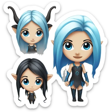 chibi, long black and blue hair, big eyes, pierced elf ears, black horns with blue tips, vivid, emoji sticker