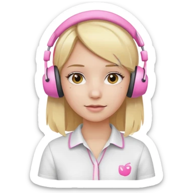 girl with blonde hair, white shirt and pink headset sticker