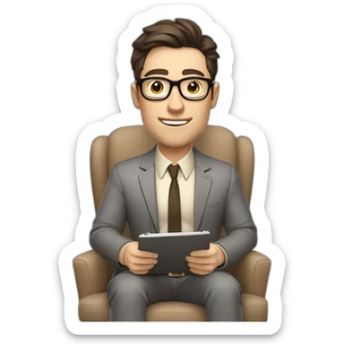 Pale skinned Fit Man With dark brown hair in gray jacket, beige office shirt, Brown pants and vintage glasses sitting In a soft chair with a notebook and a pen Fooling with his tongue sticker