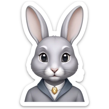 Cinematic Noble Grey Rabbit Portrait Emoji, Poised and regal, with a compact, graceful build and a smooth, elegant grey fur, long, delicate ears and deep-set soulful grey eyes, Simplified yet sharp and sophisticated features, highly detailed, glowing with a soft, dignified glow, high shine, intelligent and serene, stylized with an air of refined subtlety, focused and attentive, soft glowing outline, capturing the essence of a watchful and confident companion, so majestic it feels as though it could hop out of the screen with effortless authority! sticker