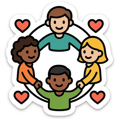 a group of diverse, happy people holding hands in a circle, with hearts and warm colors, friendly modern icon style, community of kindness sticker