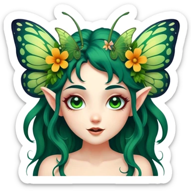 Cinematic Realistic Forest Fairy Portrait, head tilted dramatically with an exaggeratedly amused expression, featuring a striking, nature-infused form with glowing, sun-kissed tanned skin and vividly detailed dark green hair adorned with floral accents. Her expressive eyes brim with playful forest mischief, rendered with vibrant, lifelike textures and dynamic dappled lighting that conveys a spirited, over‐the‐top woodland whimsy showing her large butterfly wings from her back. sticker