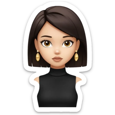 generate a pretty bratz girl in black cami top, dark brown straight short hair, eyeliner on. dark brown eyes. Wearing a white sleeveless turtleneck, gold stud earrings sticker
