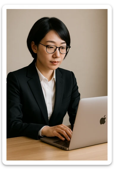 Asian woman with short black hair and glasses, typing on a MacBook, wearing a business suit sticker
