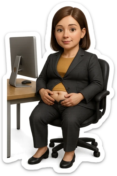 emoji stile iphone di una donna seduta alla scrivania dell'ufficio in completo elegante con i pantaloni sbottonati perché ha la pancia gonfia, falla a corpo intero, iperrealistico 4k sticker