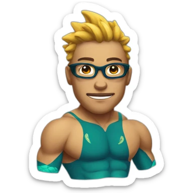 a muscular swimmer with glasses and a dragon suit sticker