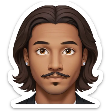 Young man with medium brown skin, mixed-race ethnicity, long wavy dark brown hair with an extremely precise center part exactly aligned with the middle of the face, hair parted perfectly symmetrically on both sides, mustache separated from goatee, medium brown eyes, small diamond stud earrings, floating head only with absolutely no shoulders or neck visible sticker