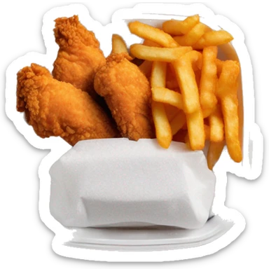 3 chicken tenders with crinkle fries and orange sauce on the side in a styrofoam container styrofoam container sticker