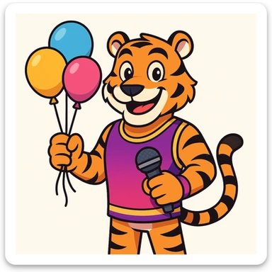 cartoon-style male tiger mascot standing upright smiling confidently with big eyes and a friendly expression wearing a purple and fuchsia vest or t-shirt holding both party balloons and a microphone in one hand clean modern colorful style with bold outlines and smooth shading color palette purple to fuchsia gradient gold accents white details energetic and fun perfect for a party and event company plain white background sticker