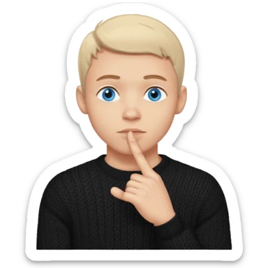 man in black knitted sweater in thinking pose, blue eyes, index finger touching his chin, eyes looking up to the top right sticker