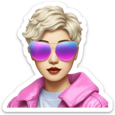 a short-haired Taiwanese lesbian with vaporwave style, sunglasses with vaporwave image on it. sticker