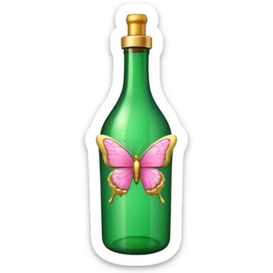 detailed vibrant green bottle with gold decorations and pink butterflies, emoji style sticker