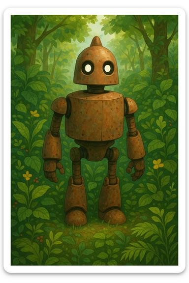 robot from The Wild Robot movie, surrounded by forest plants, soft lighting, friendly and approachable design sticker