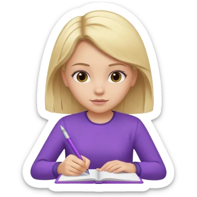 girl sitting, writing in a notebook, blond hair, dressed in purple clothes sticker