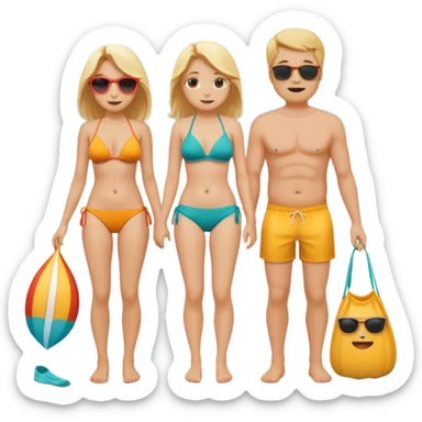 Ein Emoji, das ein älteres Paar am Strand zeigt: die Frau sehr schlank mit mittellangem, blondem Haar im Bikini, der Mann mit dickem Bauchz in Badeshorts. Beide sind im Ruhestand und liegen entspannt in Liegestühlen, um sich vom Stress des Rentnerlebens zu erholen mit sonnenschirm sticker