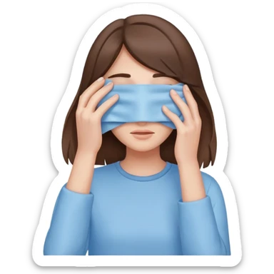 brunette girl with brown hair wearing pastel blue clothes covering her face with her hand sticker