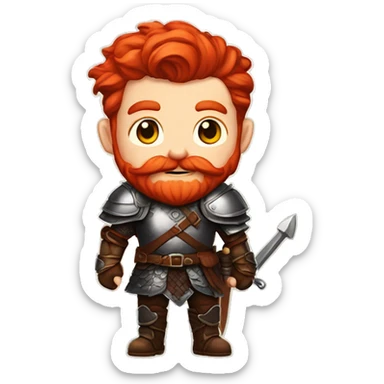text for a sticker picture generator with a red-haired dwarf in his hands who has a bow with a braided mustache, dressed in leather armor, with a red beard, with red hair, in a fantasy style sticker