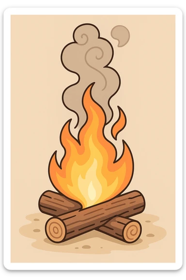 campfire with two logs, no person, flames and smoke gently mesmerizing swirling upward, clean and simple design sticker