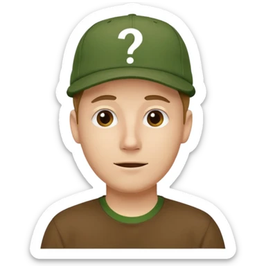 white fat man with brown cap and green t shirt printeed a question mark sticker