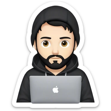 hackeur blanc cheveux noir barbe et capuche noir avec un macbook sticker