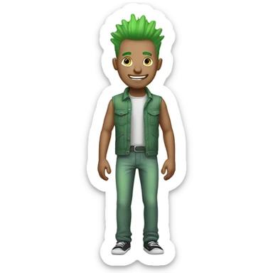 pale toned man with smile on half of a face and green mohawk hair, full body standing pose sticker