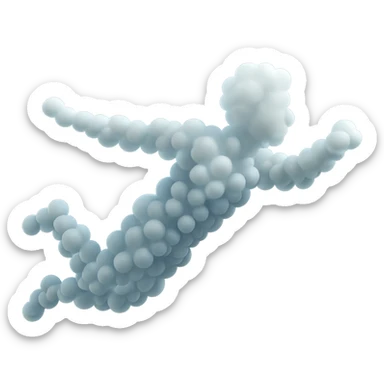 a person flying in the air, entirely made of very small white fluffy clouds, matte glass style, no background, no shadows, no extra details sticker