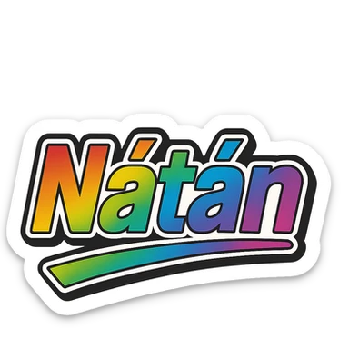The name 'Nátán' in modern style with precise Hungarian letters, rainbow gradient fill, extra thick white letter outline, dark contour, transparent background, dynamic and slanted underline, in the style of the reference images. sticker